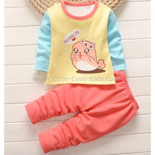 L-PJK-024 ชุดนอนเด็ก สีเหลือง ลายนก ผ้าหนา gpjk-Size-90