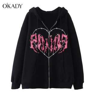 OKADY Y2K เสื้อกันหนาวผู้ชาย แฟชั่นคู่ Hoodie หัวใจพิมพ์รูปแบบฤดูใบไม้ร่วงและฤดูหนาวใหม่หลวมเสื้อแนวโน้มเสื้อลำลอง