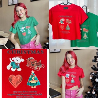 เสื้อครอป เสื้อสรีน Merry christmas น้องหมา เสื้อยืด ผ้าคอนตอนแท้ ตัดเย็บในไทย