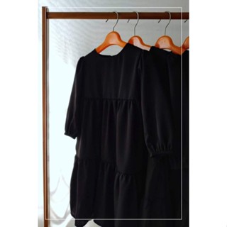 BasicDress เดรสผ้าคริสตัลสีดำ แต่งรูดระบาย ปลายแขนยางยืด ไซส์ 2-7 ปี
