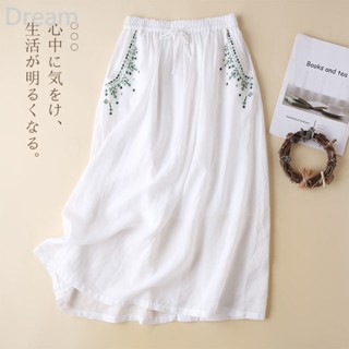 Drop-feeling embroidered skirt summer thin loose casual mid-length cotton and linen A- line skirt for women