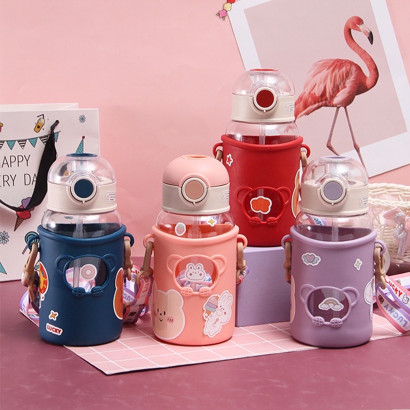 Aspeishop Ax 777 CHILDRENS WATER BOTTLE 600ml ฝาครอบยางซิลิโคน + สติ๊กเกอร์น่ารัก