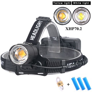 Xhp70.2 ไฟหน้า Led สีเหลือง และสีขาว สําหรับตกปลา ตั้งแคมป์ ซูมได้ 6800lm