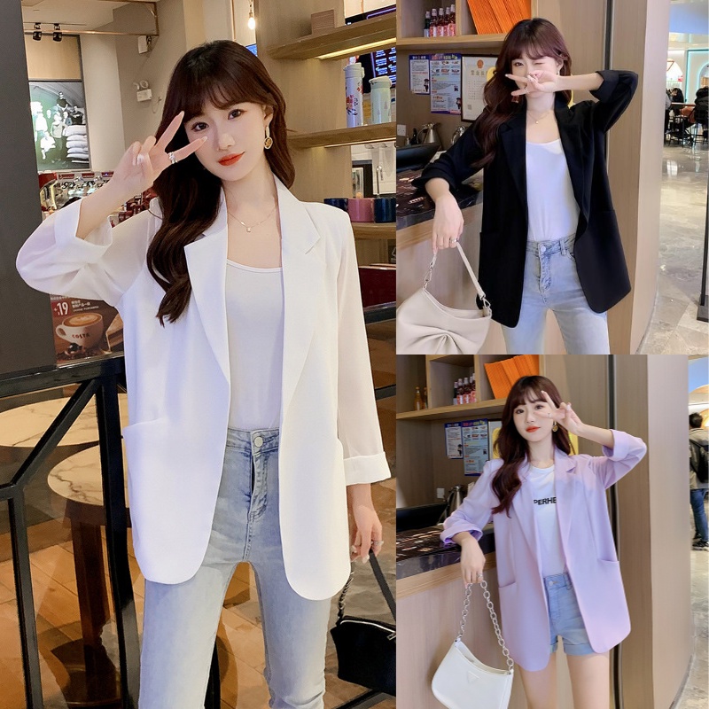 โกดัง KD24 เสื้อสูทแฟชั่นไม่มีกระดุมหน้า ผ้าบางเบา สีพื้น 5 สี ด้านข้างแต่งผ่า