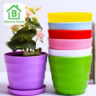 BestoreHome กระถางปลูกต้นไม้ทรงสูง รุ่นพลาสติก สีพลาสเทลน่ารักๆ พร้อมจานรอง ขนาดเล็ก มี 3 ขนาดให้เลือก🍊