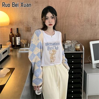 RUO BEI XUAN ใหม่หลวมรูปสี่เหลี่ยมขนมเปียกปูนแขนยาวสั้นผ้าคลุมไหล่ด้านบนผู้หญิงเสื้อสเวตเตอร์ถักแบบสบาย ๆ