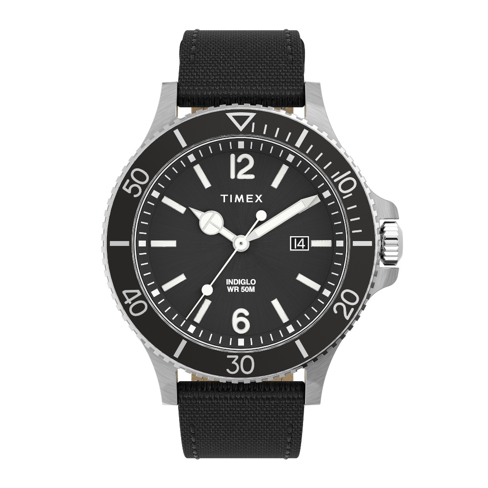 Timex TW2V27000 Harborside นาฬิกาข้อมือผู้ชาย สายผ้า+หนัง สีดำ หน้าปัด 42 มม.