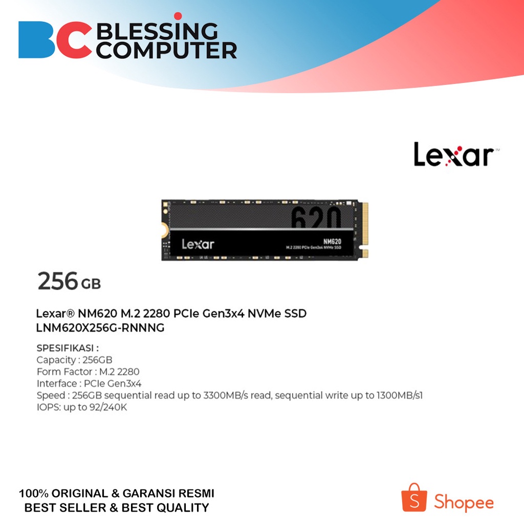 Ssd LEXAR 256GB NM620 NVMe M.2 2280 PCIe Gen3x4 - LNM620X256G-RNNG