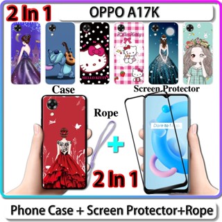 2 IN 1 เคส OPPO A17K เคส พร้อมกระจกนิรภัยโค้ง ป้องกันหน้าจอ เซรามิค สําหรับเด็กผู้หญิง และคิตตี้