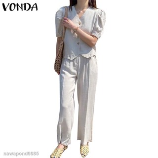 ❀❈✸Vonda ชุดเสื้อเบลาส์แขนสั้น คอวี ติดกระดุม และกางเกงขายาว เอวสูง ทรงตรง สไตล์เกาหลี สําหรับผู้หญิง