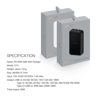 Orsen By Eloop รุ่น C13 Apapter หัวชาร์จเร็ว 2 พอร์ต GaN PD 65W (USB/Type-C) พับได้ 90 องศา