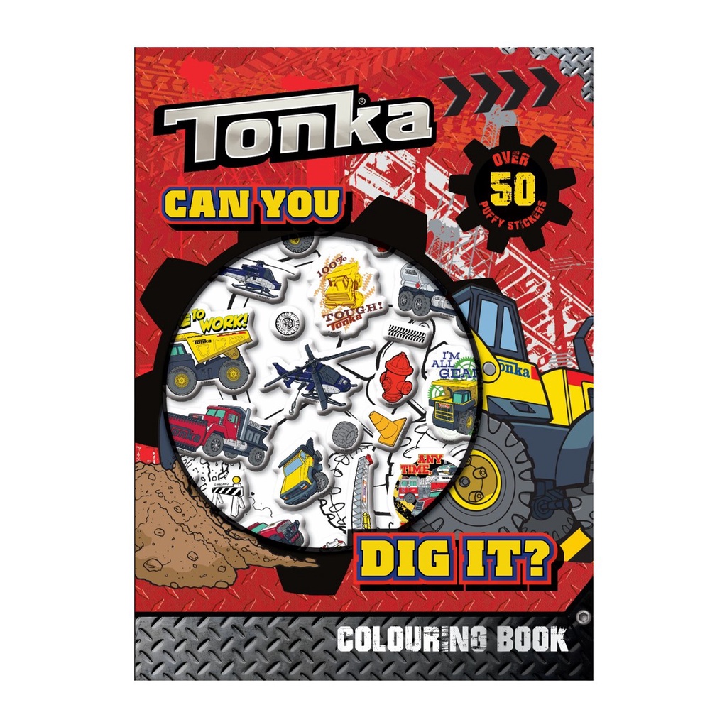รถบรรทุกก่อสร้าง Tonka Puffy Stickers Colouing Book สําหรับเด็กเป็นสีพร้อมรถบรรทุกสติกเกอร์