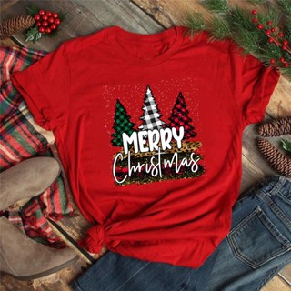 [Ready Stock] Merry Christmas Plaid Chriatmas Tree Snow Print Women T-shirt 2022 New Year Clothing