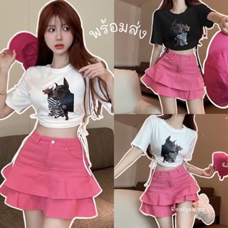 Reallyshops #971 กระโปรงพลีท 2 ชั้นทรงระบาย เอวสูง เอวกระดุม ผ้ายีนส์ยืด เกาหลี พร้อมส่ง ผู้หญ