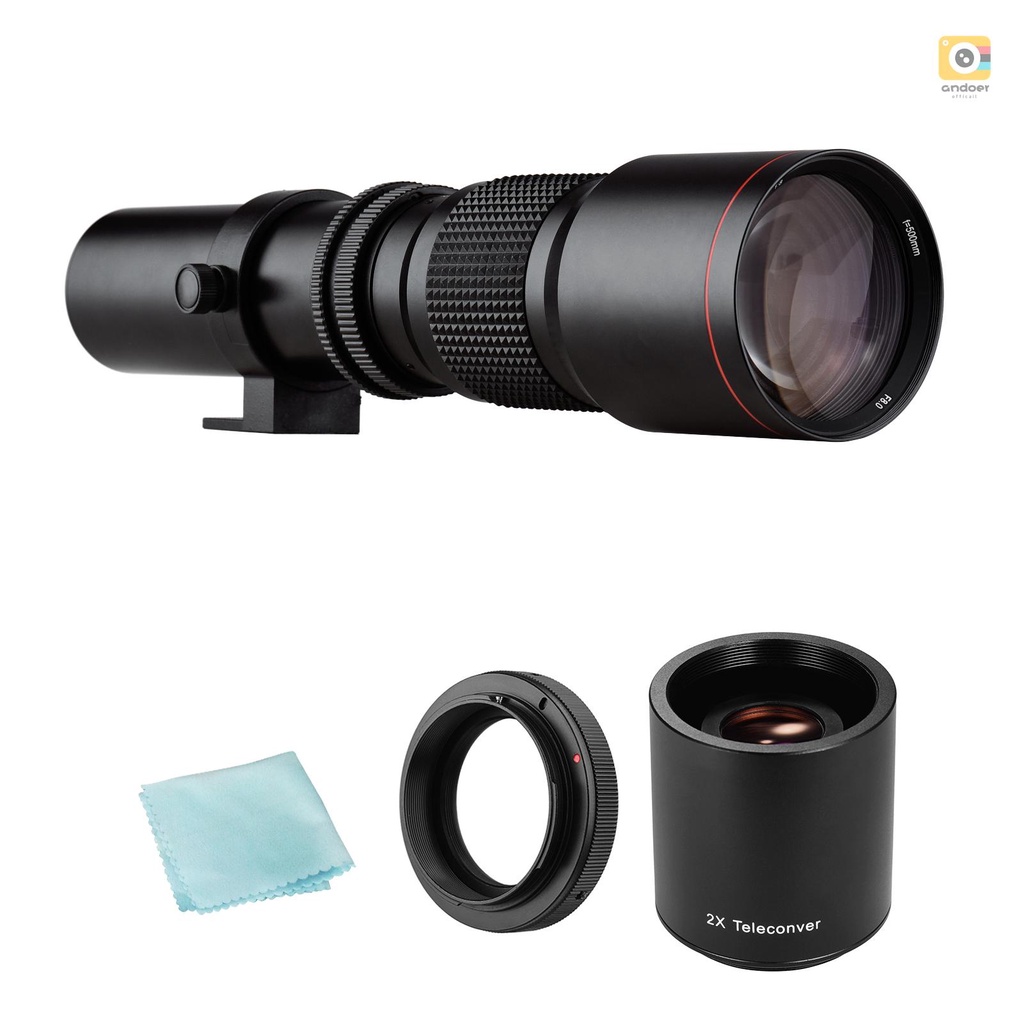 Camera Super Telephoto Lens 500mm F/8.0-32 Manual Zoom T-Mount  + 2X 500mm Teleconverter Lens + T2-E
