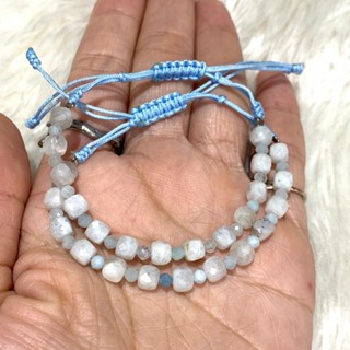 กำไลข้อมือ เชือกถัก มูนสโตน Moonstone + อคามารีน Aquamarine หินนำโชค หินแท้ 100% *ฟรีไซต์* (ราคาต่อเส้น)