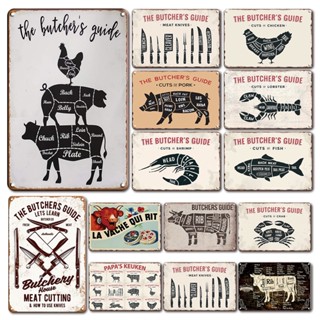 ป้ายโลหะดีบุก ลายสัตว์ The Butchers Guide สไตล์วินเทจโบราณ สําหรับตกแต่งผนัง ห้องครัว ตลาด