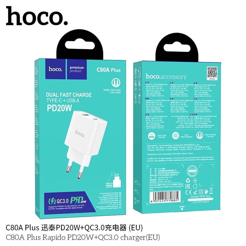 Hoco C80A Plus PD+QC3.0 Charger 20W (EU)หัวชาร์จเร็ว Type-C+USB 20W ปลั๊กขากลม (มาตรฐานยุโรป)