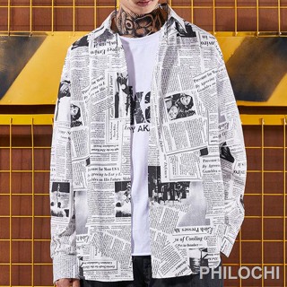 เสื้อหนังสือพิมพ์ ชาย เวอร์ชั่นเกาหลี นักเรียน เสื้อแขนยาว กราฟฟิตี สไตล์ฮาราจูกุ สไตล์ญี่ปุ่น เสื้อแจ็คเก็ตการ์ตูนมังงะ