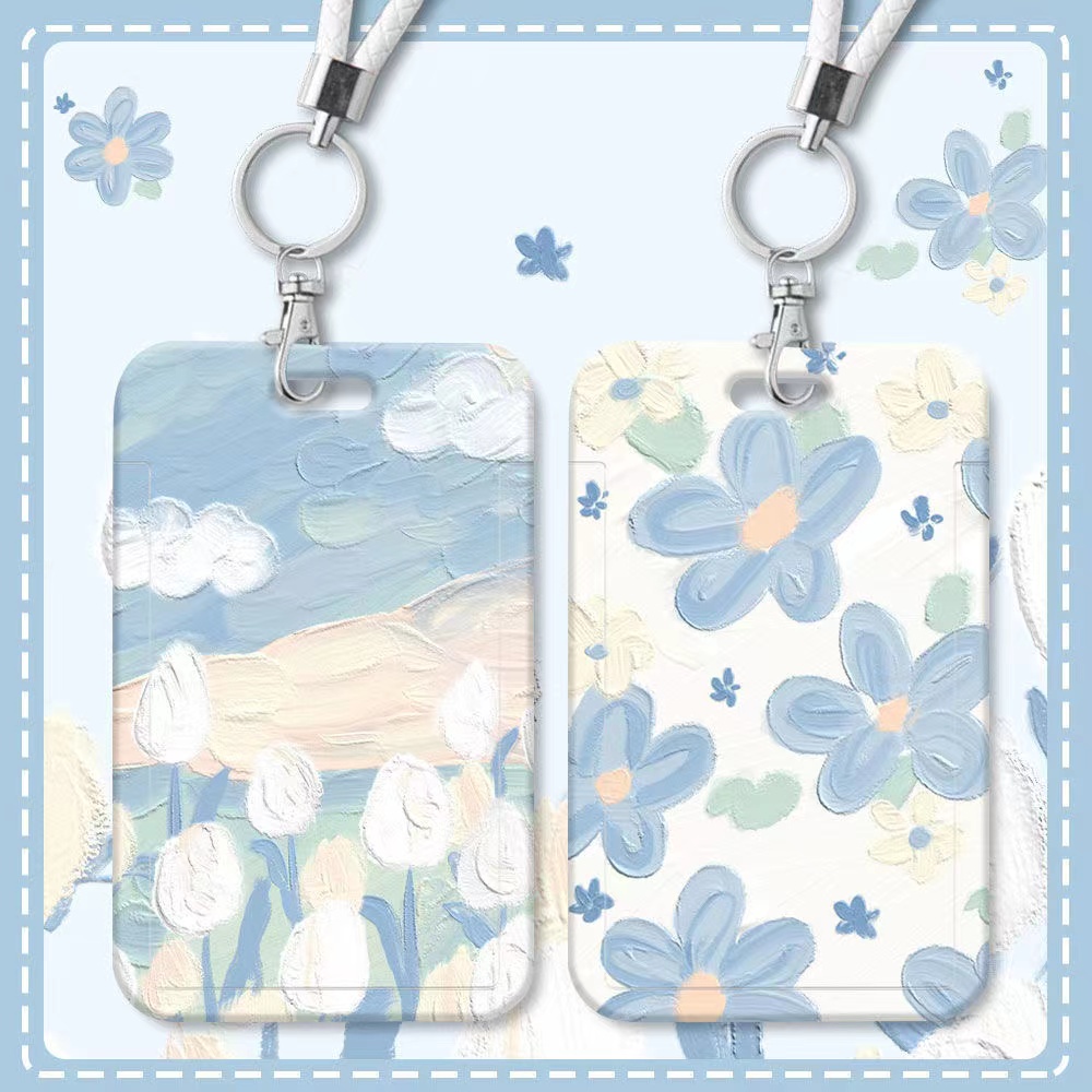 กระเป๋าใส่นามบัตร บัตรรถบัส ลายภาพวาดสีน้ํามัน รูปดอกไม้ สีฟ้า สําหรับนักเรียน โรงอาหาร บัตรประจําตัวประชาชน