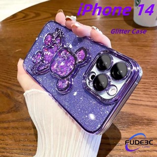 เคสโทรศัพท์มือถือ ซิลิโคนนิ่ม ใส กันกระแทก มีทรายไหล แต่งกลิตเตอร์ ลายหมี พร้อมฟิล์มเลนส์ สําหรับ iPhone 14 Pro Max 14 13 12 Pro Max iP14 Plus