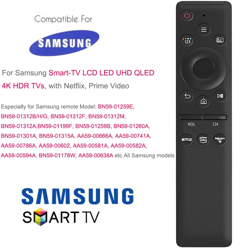 รีโมทคอนโทรลสากลสําหรับ Samsung Smart-TV LCD LED UHD QLED 4K HDR TV, พร้อม Netflix, Prime ปุ่มวิดีโอ