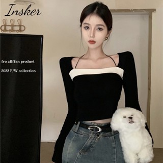 Insker- เสื้อยืดแขนยาว คอสี่เหลี่ยม ตัวสั้น เข้ารูป สีดํา แฟชั่นฤดูใบไม้ร่วง สําหรับผู้หญิง