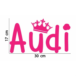 สติกเกอร์ ตัด ไดคัท สีชมพู คำว่า Audi มีมง ขนาด 17 x 30 cm วัสดุเป็น PVC กันน้ำ