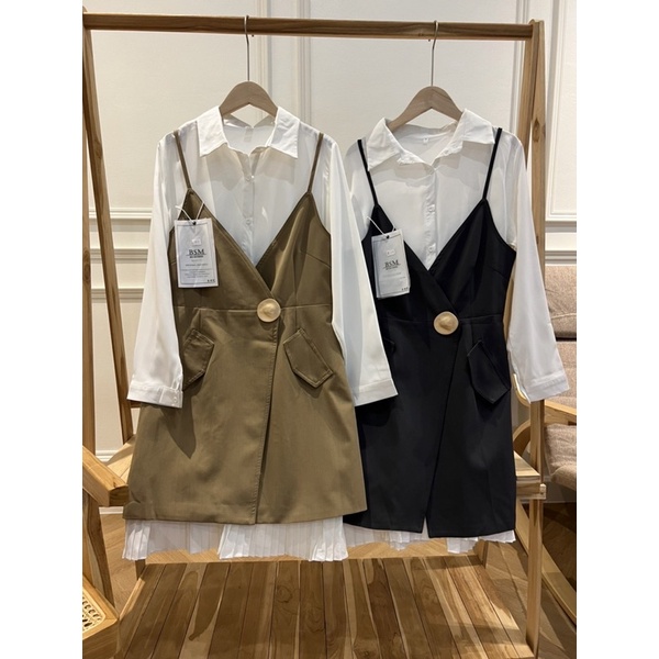 ชื่อรุ่น set2ชิ้นเดรสคอปกชายจีบ+เดรสสายเดี่ยวตัวนอก tag BSM