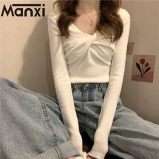 Manxi เสื้อไหมพรม เกาหลี สีแดง แขนยาว A21K00D