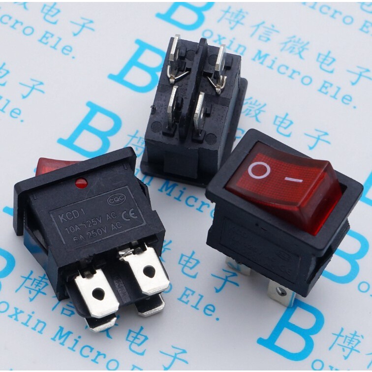 สวิตช์ไฟ KCD1-104 6A 250V สีแดง สีเขียว 15 * 21 มม. พร้อม 4 ฟุต เขียวพร้อมไฟ สีแดงพร้อมไฟ