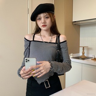เสื้อยืดลําลอง แขนยาว เปิดไหล่ ลายสก๊อต สไตล์เกาหลี สําหรับผู้หญิง