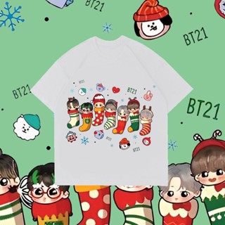 เสื้อยืดคริสต์มาสแบบกำหนดเอง New BTS เสื้อยืดคริสต์มาสแขนสั้นแฟชั่นคู่รักเรียบง่าย