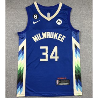 เสื้อกีฬาบาสเก็ตบอล ปักลาย Milwaukee Bucks 34 Giannis Antetokounmpo สีฟ้า สําหรับผู้ชาย 2023