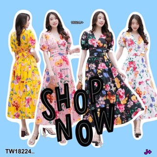 TW18224 Maxxi Dress แม็กซี่เดรสยาวลายดอก คอวีหน้า-หลัง ผ้าไหมอิตาลี่ แขนตุ๊กตา กระโปรงยาว มีโบว์ผูก