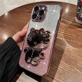 เคสโทรศัพท์มือถือแบบนิ่ม TPU ใส แต่งกลิตเตอร์ ไล่โทนสี พร้อมที่ตั้งวางกระจก ลายแมว KT สําหรับ Iphone14 13 12 11Pro Max Plus