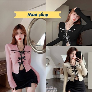 Mini shop🌸พร้อมส่ง🌸 (32145) เสื้อไหมพรมแขนยาว มีโบว์ติด3อันน่ารักมากเกาหลีมาก