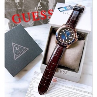 ⌚นาฬิกาข้อมือ ชาย สายหนังแท้สีน้ำตาล  #NEW Guess  ผช.ตัวเรือนสเตนเลสสีโรสโกลด์ หน้าปัดสีน้ำเงิน