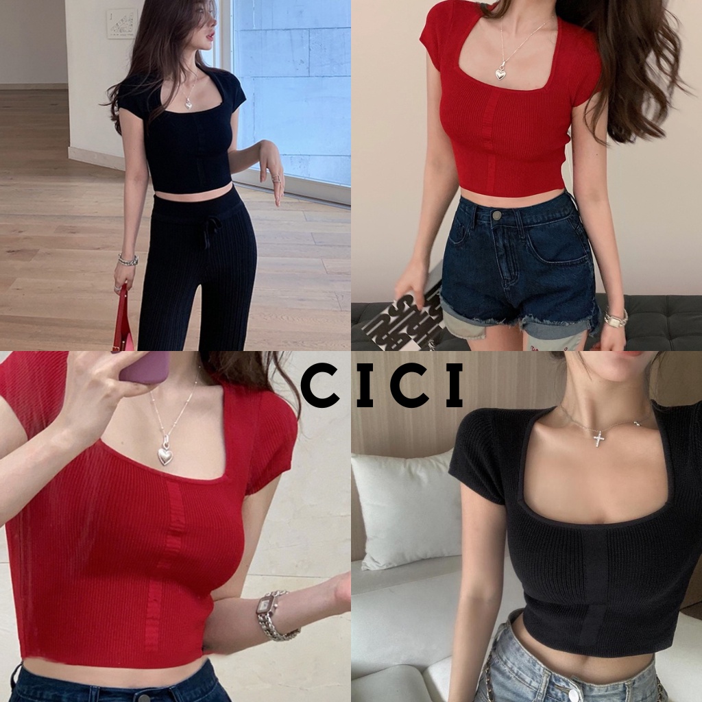 ส่งทันที Cici(NO. 8K61)เสื้อไหมพรมแขนสั้นคอเหลี่ยมผ้าร่องทรงเบสิคจับแมทซ์ไหนก็เข้าหมดเลย