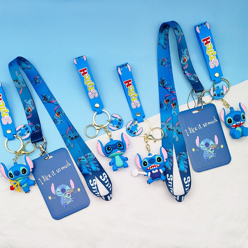 การ์ตูน Stitch ID Card Protector สายคล้องคอน่ารัก 3D พวงกุญแจสําหรับการ์ดนักเรียน ID แท็กกรณีพวงกุญแจสลิง