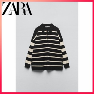 Zara ใหม่ เสื้อกันหนาว คอปกโปโล ลายทาง สําหรับผู้หญิง