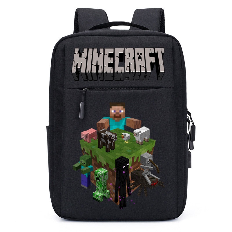 Minecraft กระเป๋าเป้สะพายหลัง กระเป๋านักเรียน ใส่แล็ปท็อป ลายการ์ตูนอนิเมะ อินเตอร์เฟซ USB สําหรับผู้ชาย และผู้หญิง