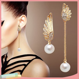 LK❈Women Chic Angel Wing Rhinestones Faux Pearl Dangle Asymmetric Earrings Eardrops