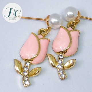 ต่างหูดอกทิวลิป ประดับเพชรและมุก สวยงามหรูหรา อะไหล่สีทอง ใส่ออกงาน earrings