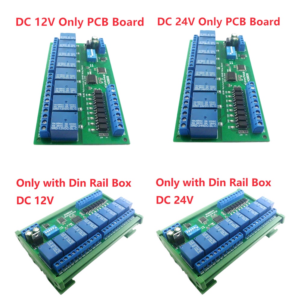 DC 12V 24V 8 Isolated Inputs and 8 Outputs DIN35 C45 Rail Box UART RS485 Relay Module Modbus RTU Control Switch Board Mo