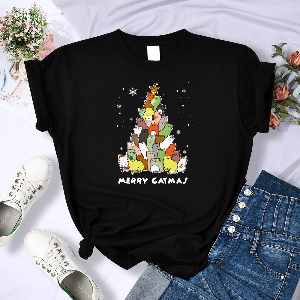 Merry Catmas Christmas Print Woman Tshirts Summer Simplicity T Shirts Fashion Comfortable T-shirt Womanเสื้อยืดผู้หญิง