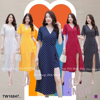 TwinsShopVip💗พร้อมส่ง TW16847 มินิเดรสก้านแก้วคอวีไขว้ลายจุด..Mini dress, glass stem, V-neck, cross, polka dot