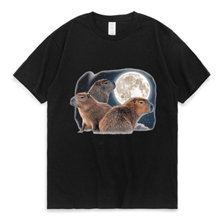 คาปิบาร่า เสื้อวินเทจผญ สาม Capybaras และดวงจันทร์ตลก Capybara อารมณ์ขันเสื้อยืด ตลกเสื้อยืดแขนสั้นแฟชั่นคาวาอี้