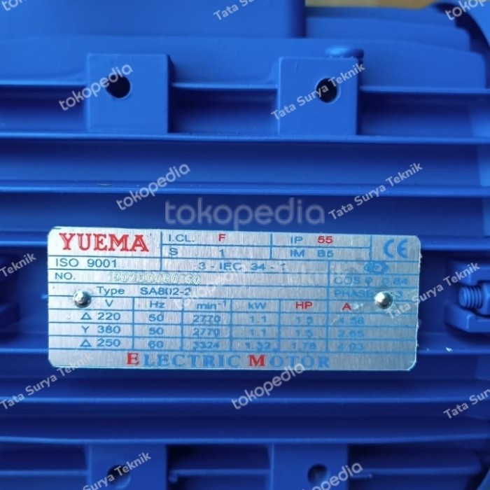 มอเตอร์ไฟฟ้า YUEMA SA 2P 1.5HP 1.1KW 3PHASE 380V B5 ของแท้