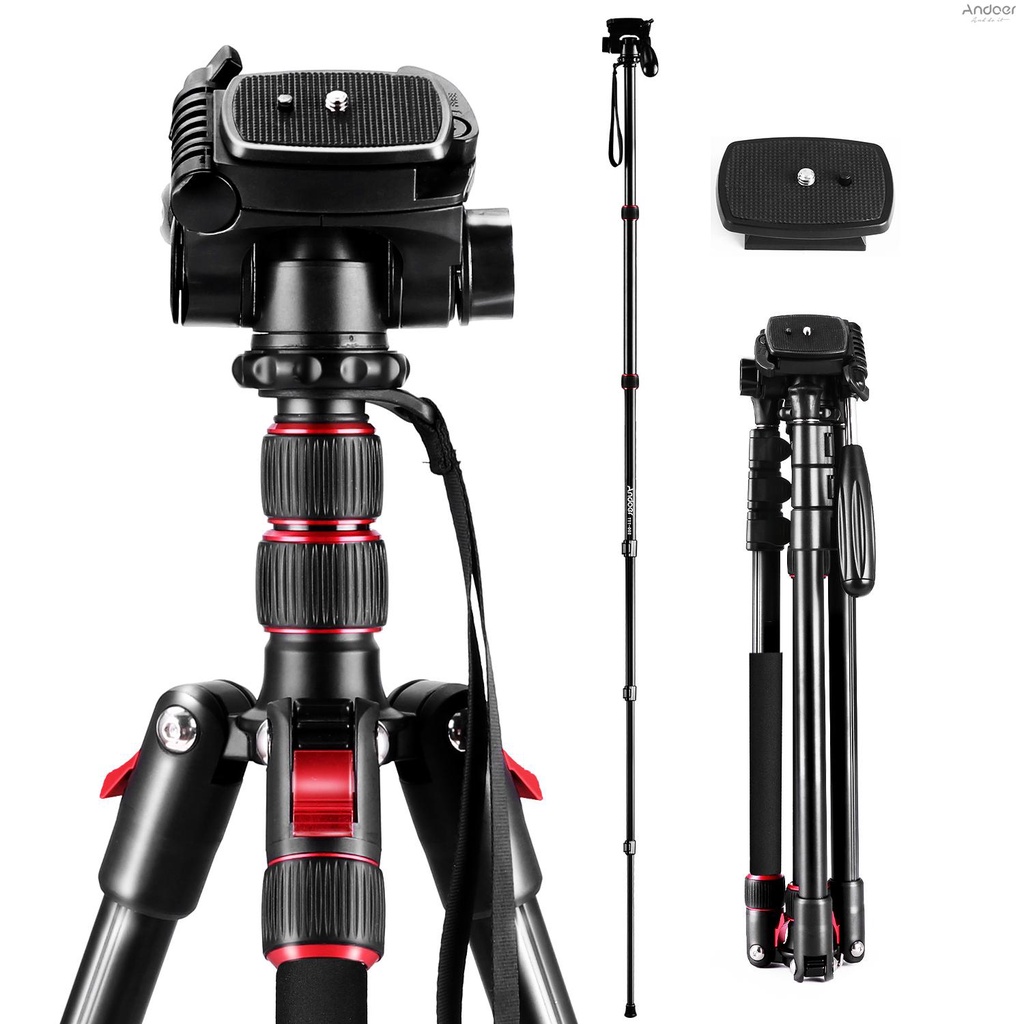 Andoer 2-in-1 ขาตั้งกล้องอลูมิเนียม 360 องศา สําหรับถ่ายภาพ° หัวบอลหมุนได้ 200 ซม. ความจุ 5 กก. พร้อ